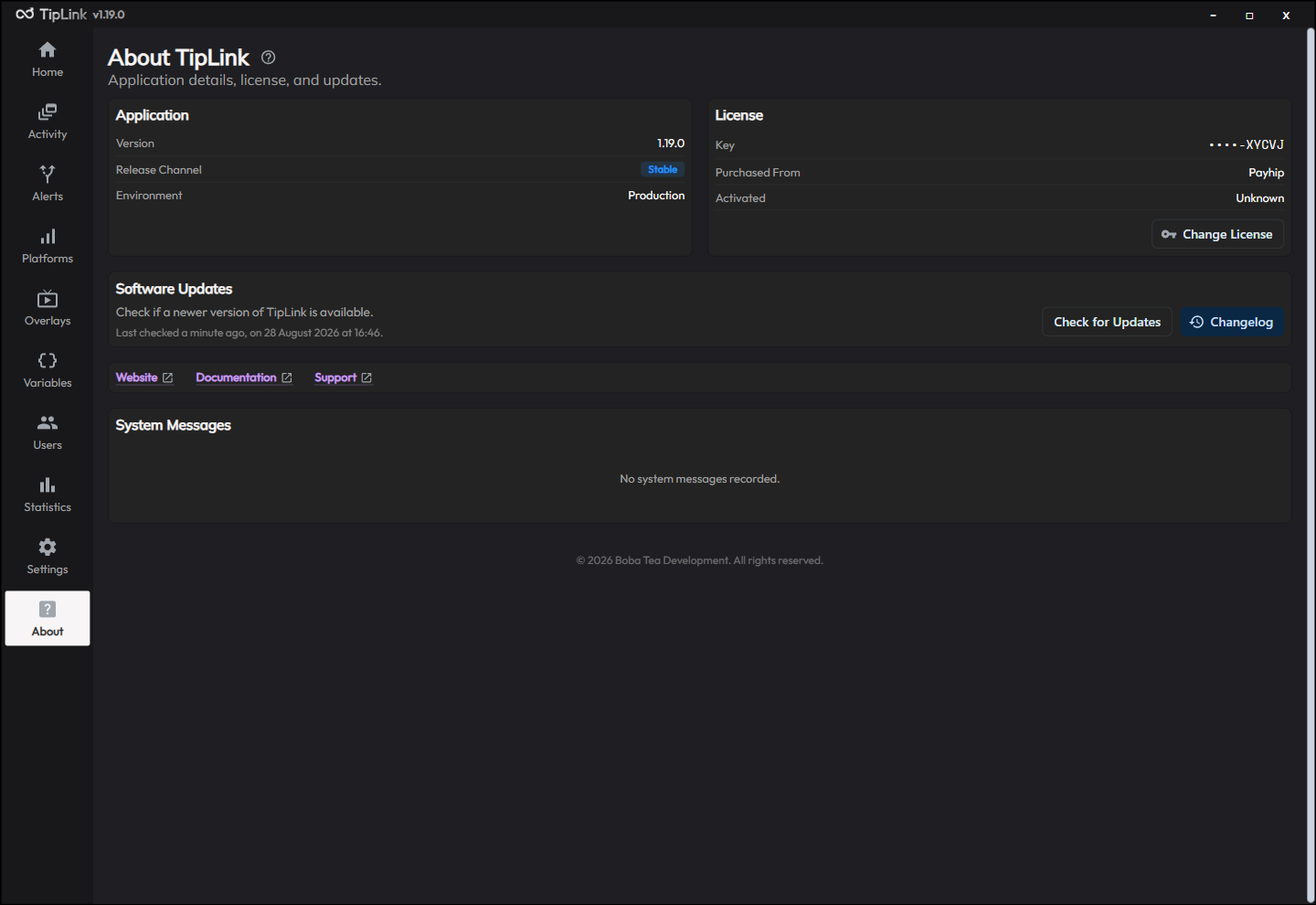 The About page showing licence details, software updates and system messages