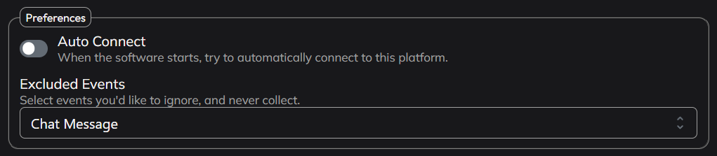 The account settings window, showing Auto Connect, Excluded Events and Delete Account