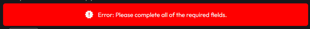 The account setup window showing an error message
