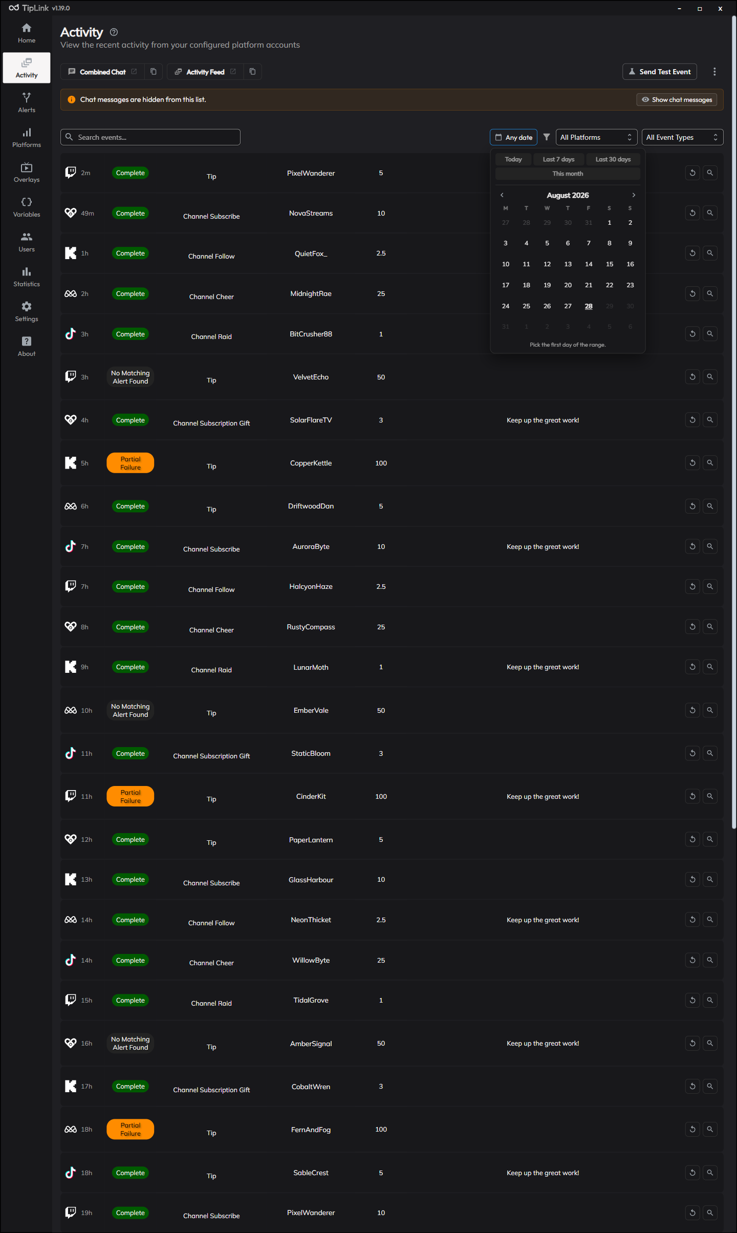 The Activity date filter open, showing a calendar alongside Today, Last 7 days, Last 30 days and This month shortcuts