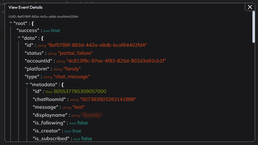 The event details window, showing the raw event data and the result of each action