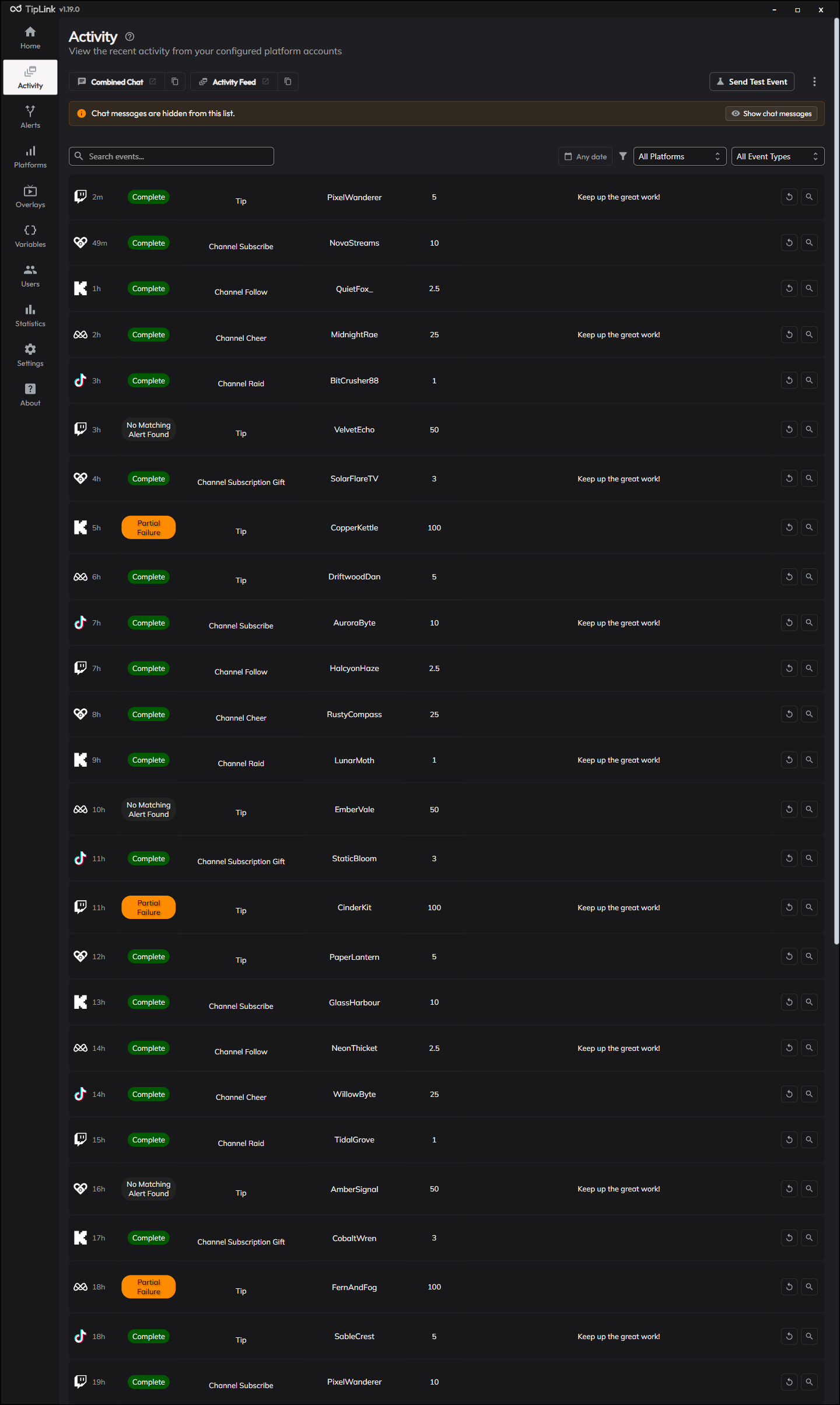 The Activity page showing the filter row and a list of events with relative timestamps