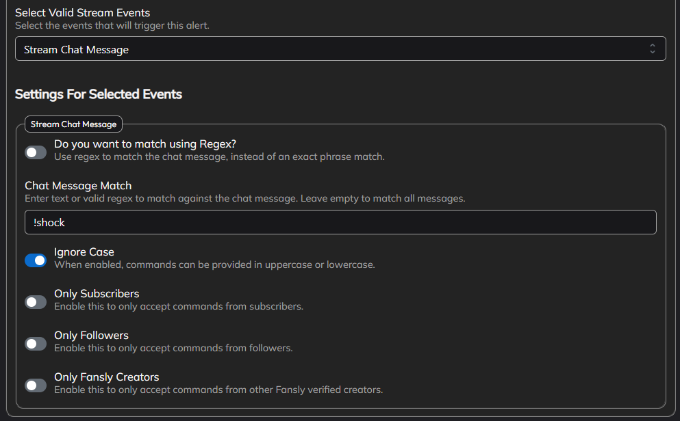 The alert editor showing extra settings for the selected event type