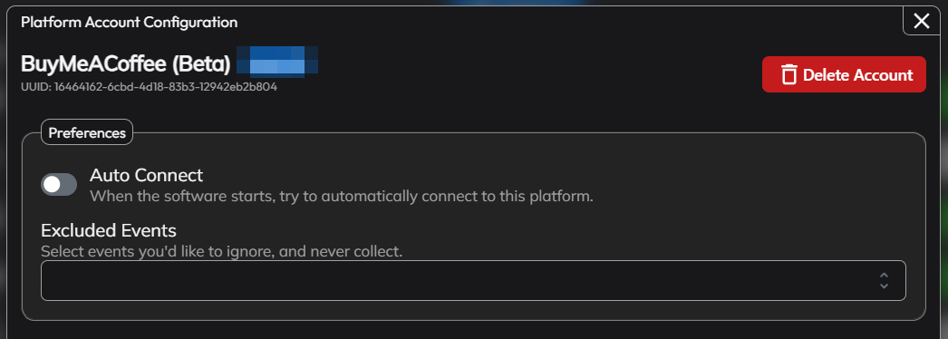The account settings window, showing Auto Connect, Excluded Events and Delete Account