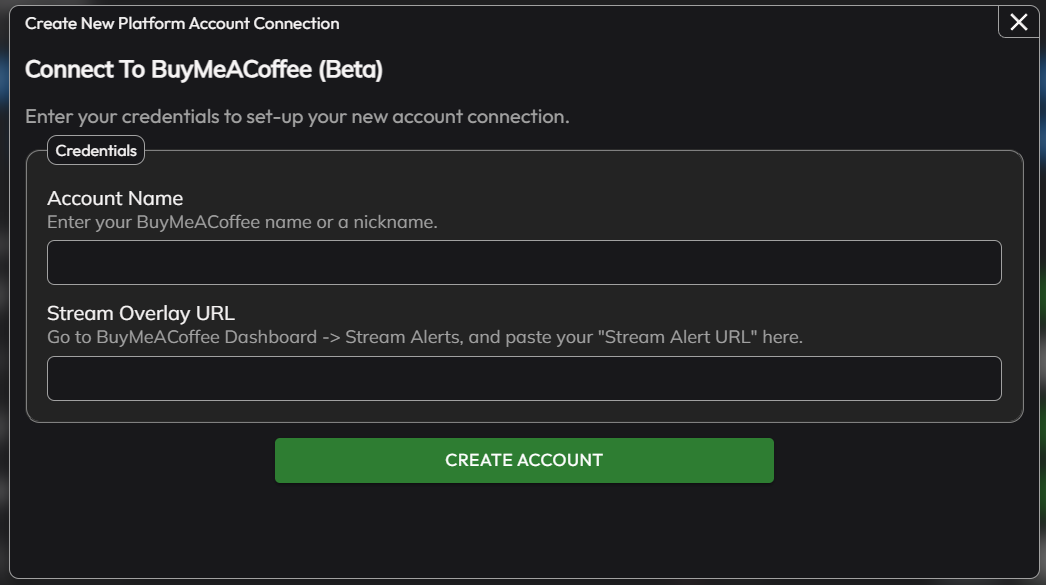 The account setup window with its fields ready to fill in
