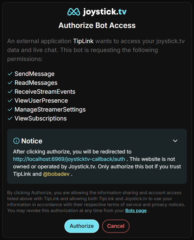 The Joystick.TV authorisation prompt