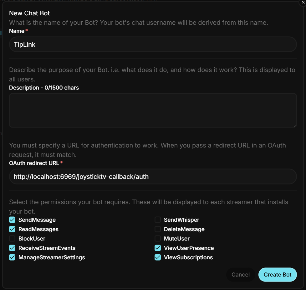 The bot settings page on Joystick.TV