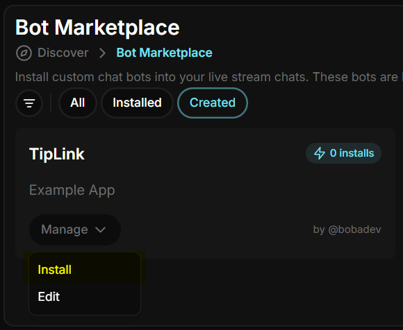 The install button for the TipLink app on Joystick.TV
