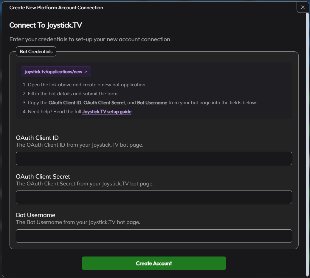 The Joystick.TV setup window in TipLink