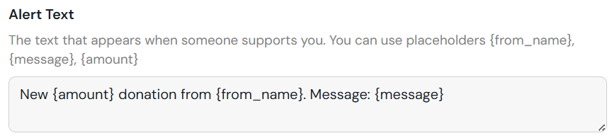 The Ko-fi Stream Alerts settings page, showing the Alert Text field