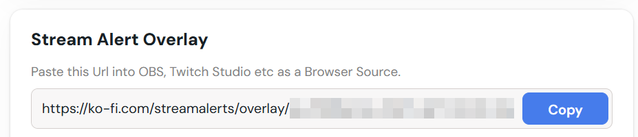 The Ko-fi Stream Alerts settings page, showing the overlay URL