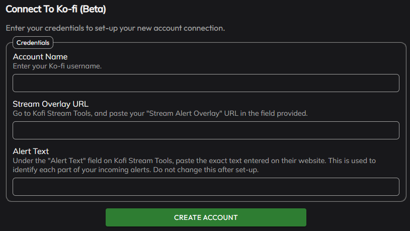 The Ko-fi setup window with its fields ready to fill in