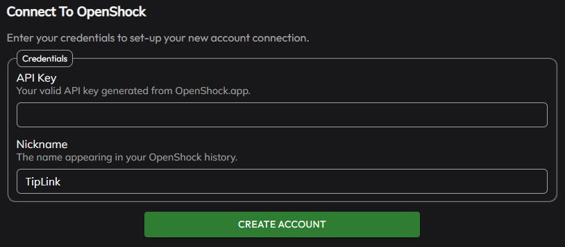 The OpenShock dashboard showing the generated API key