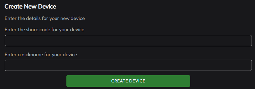 The add device window, with fields for a PiShock share code and a nickname