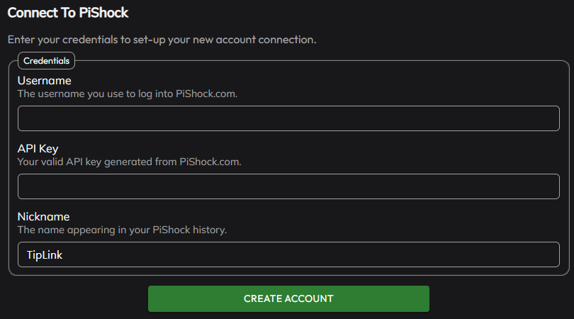 The PiShock setup window, with fields for username, API key and nickname
