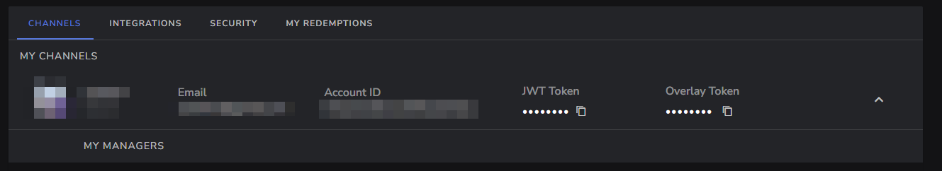 The StreamElements account settings page with the JWT key revealed