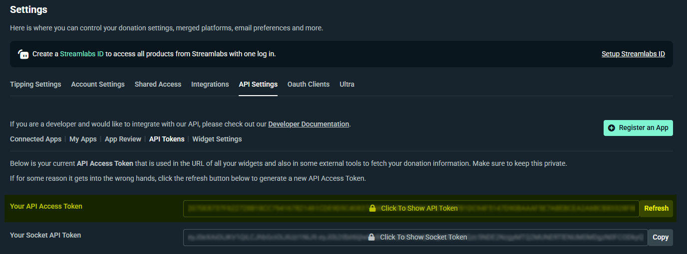The Streamlabs API Settings page, showing the Socket API Token