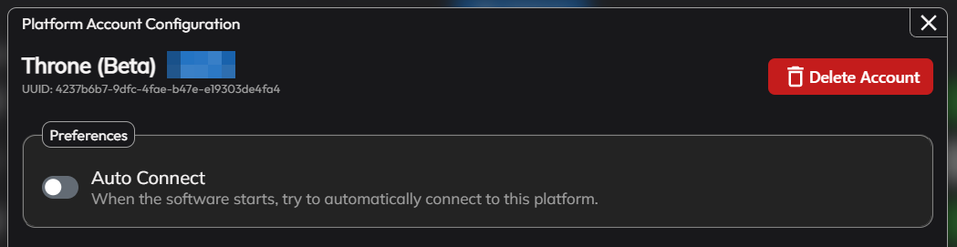 The account settings window, showing Auto Connect, Excluded Events and Delete Account