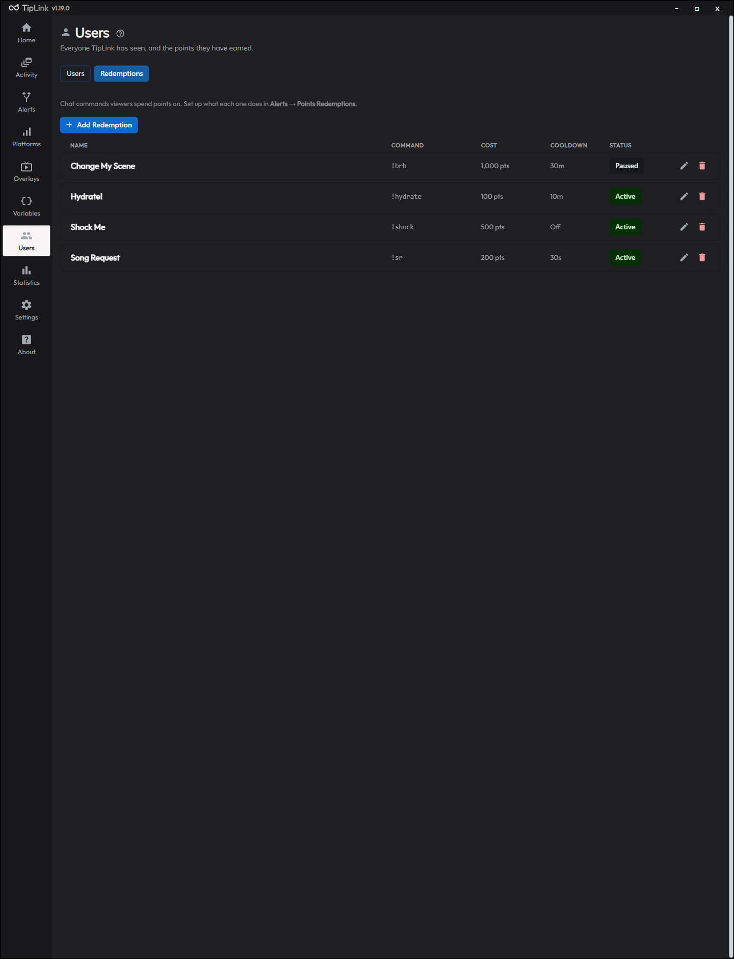 The Redemptions tab listing each reward with its chat command, points cost, cooldown and active state