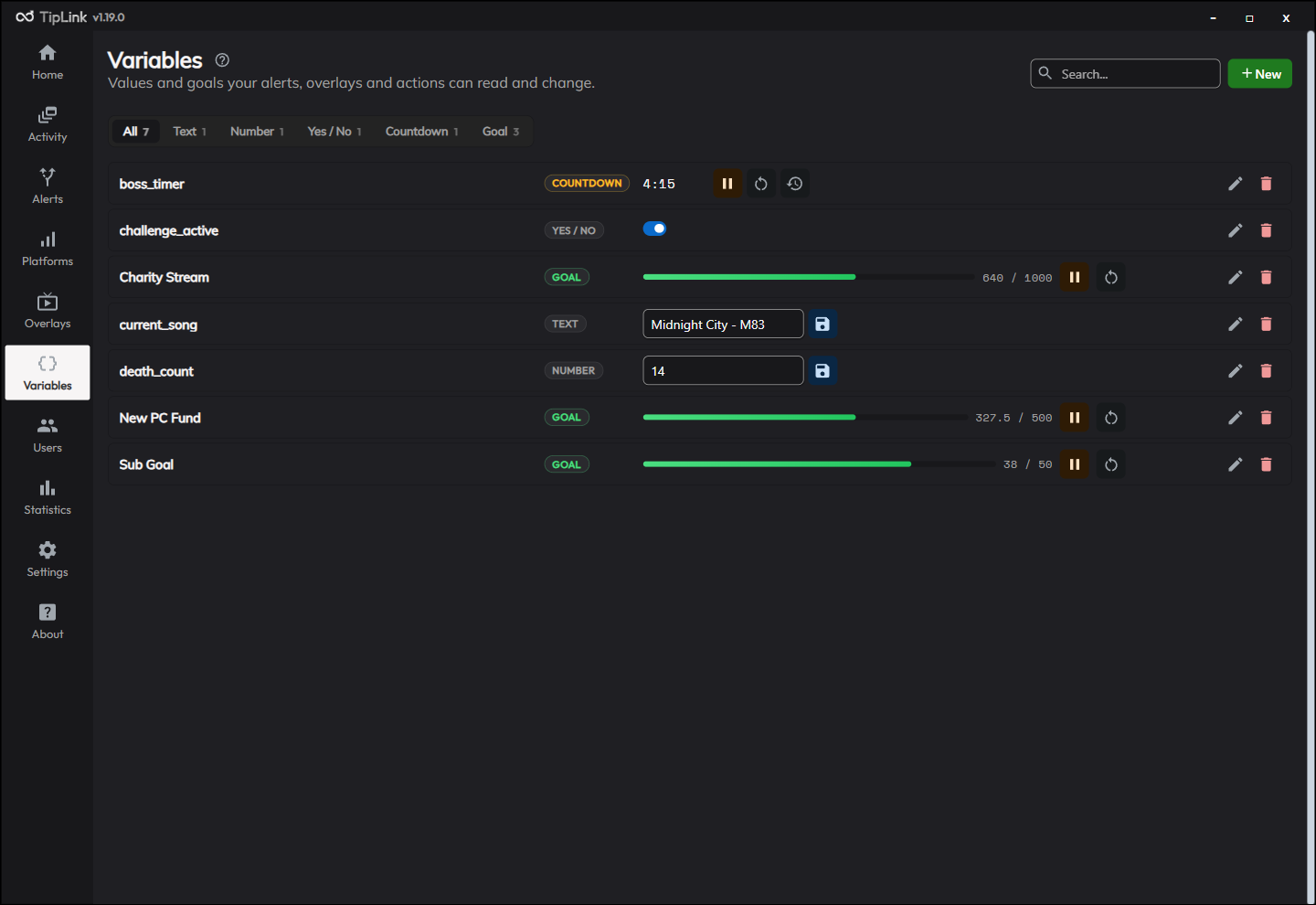 The Variables page listing text, number, yes/no, countdown and goal entries, with type filter tabs across the top