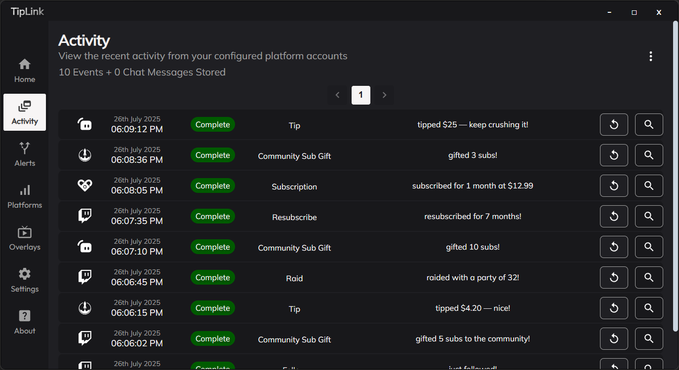 TipLink activity page showing recent streaming events and platform integrations